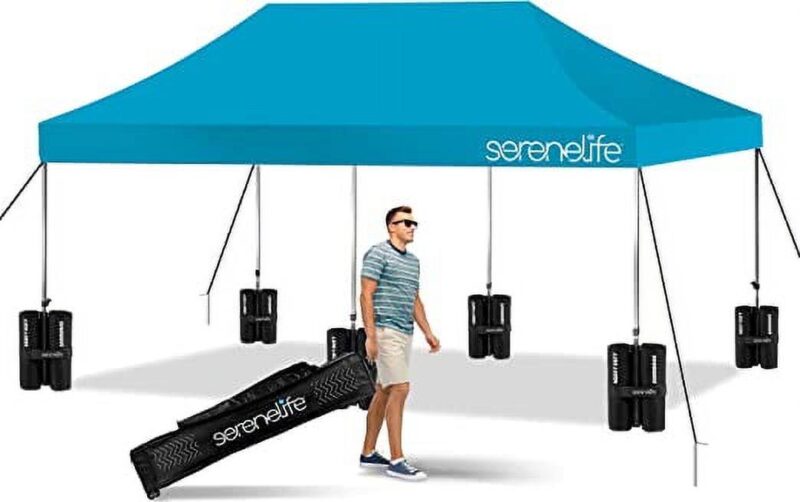 SereneLife Pop Commercial Instant Shelter-Waterproof Polyester Tent W/ Wheeled Sandbag, (Sky Blue)