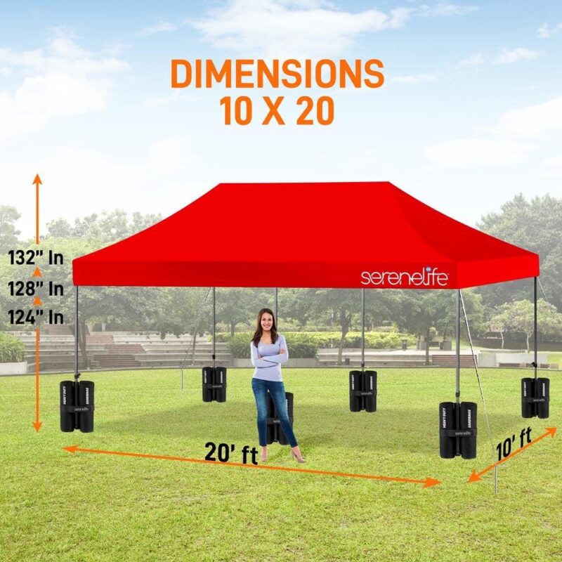 SereneLife Pop Up Tent Commercial Instant Shelter - Waterproof Polyester Tent with Portable Wheeled Carry Bag and Sand Bag, 10 x 20 ft. (Red) - Image 3