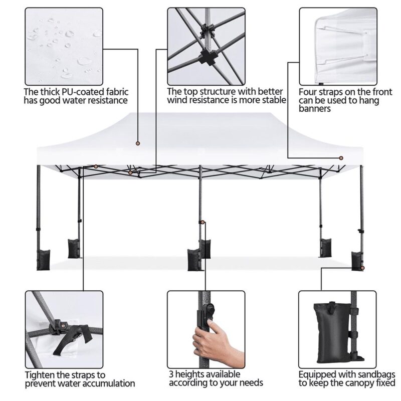 Smile Mart 10A 20 FT Height Adjustable Pop-up Canopy with Wheeled Carry Bag, White - Image 7