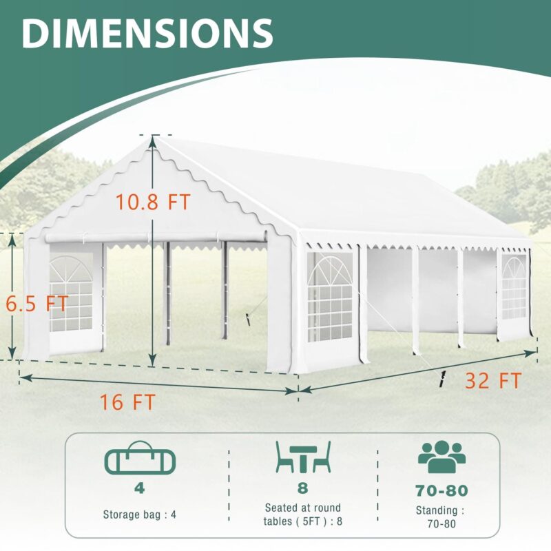 Summit Living 16a x 32a Party Tent with 10 Removable Sidewalls Outdoor Event Canopy Tents for Outside - White - Image 8