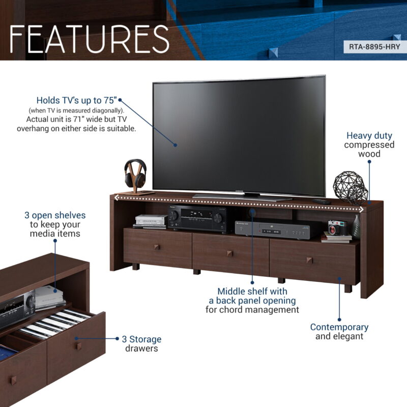 Techni Mobili Elegant Modern TV Stand for TVs up to 75" with Storage, Wood-like Finish, Hickory Brown RTA-8895-HRY - Image 3