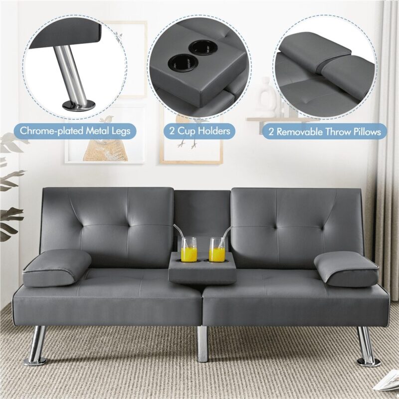 Renwick Modern Faux Leather Convertible Futon Sofa Bed with 2 Throw Pillows & Cup Holders, Gray - Image 6