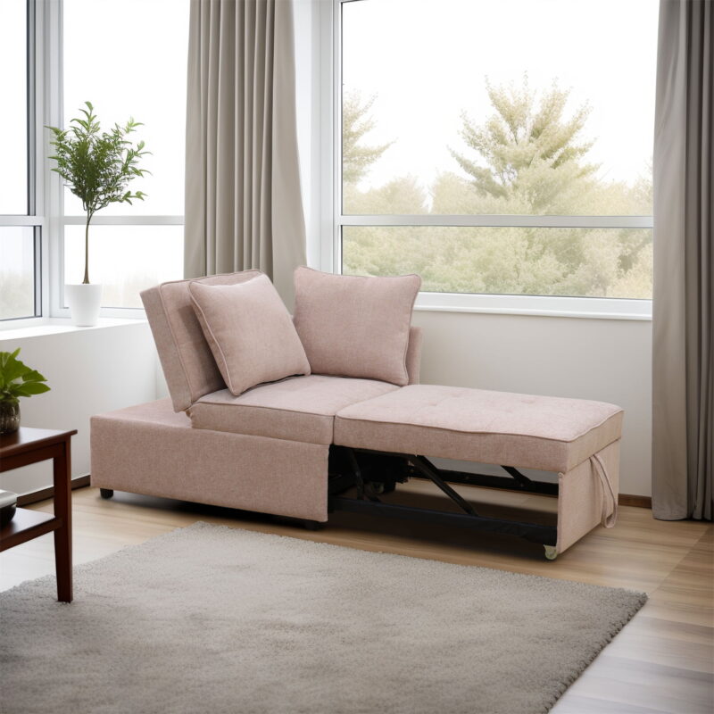 Aukfa 71" Convertible Chaise Futon Pull Out Sofa Chair Bed, Adjustable Backrest, 2 Pillows, Linen, Pink - Image 3