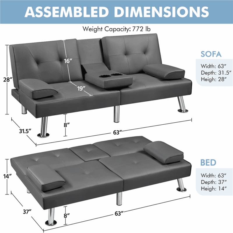 Renwick Modern Faux Leather Convertible Futon Sofa Bed with 2 Throw Pillows & Cup Holders, Gray - Image 2