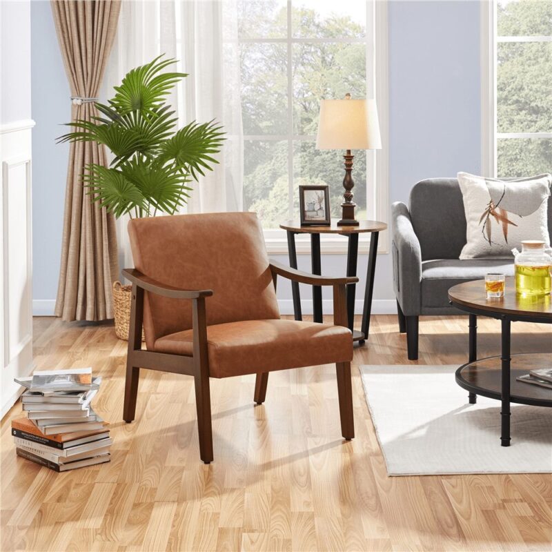 Renwick Mid-Century Modern Faux Leather Accent Chair, Set of 2, Brown - Image 3
