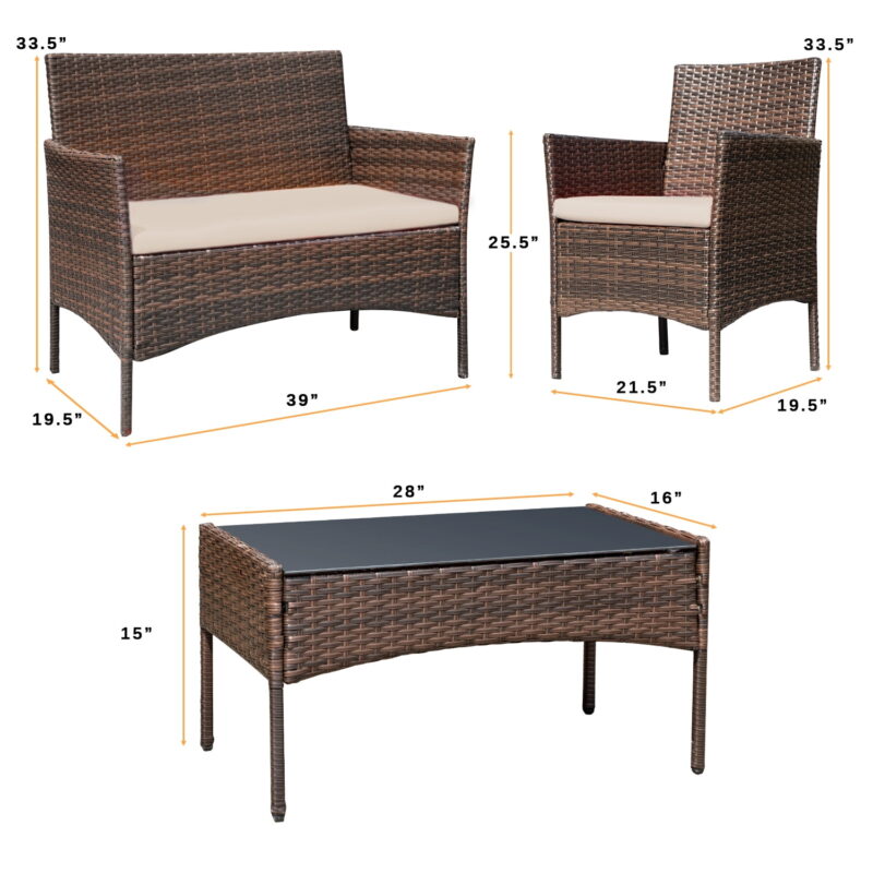 Vineego 4 Pieces Outdoor Patio Furniture Sets Conversation Sets Rattan Chair Wicker Sets with Cushioned Tempered Glass - Image 3