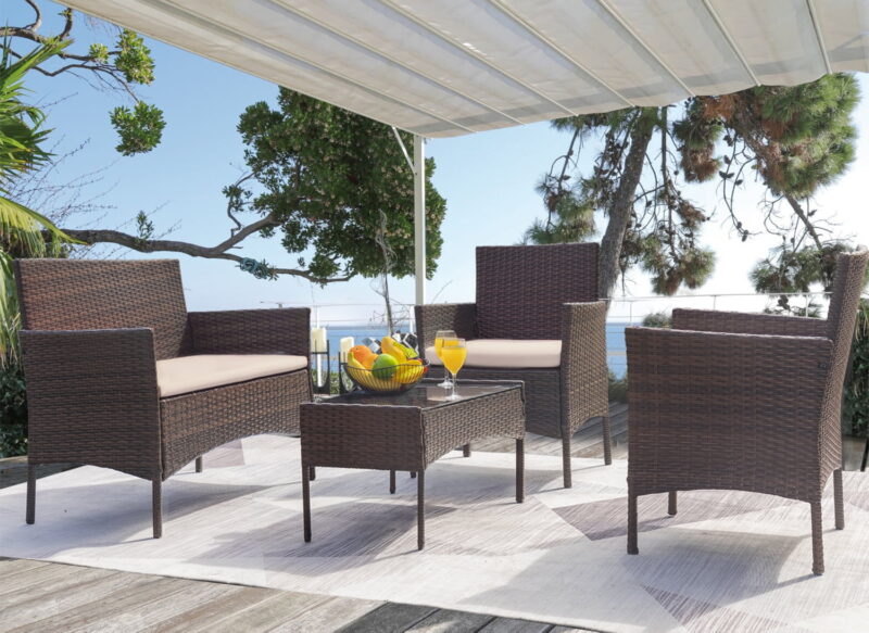 Vineego 4 Pieces Outdoor Patio Furniture Sets Conversation Sets Rattan Chair Wicker Sets with Cushioned Tempered Glass - Image 2