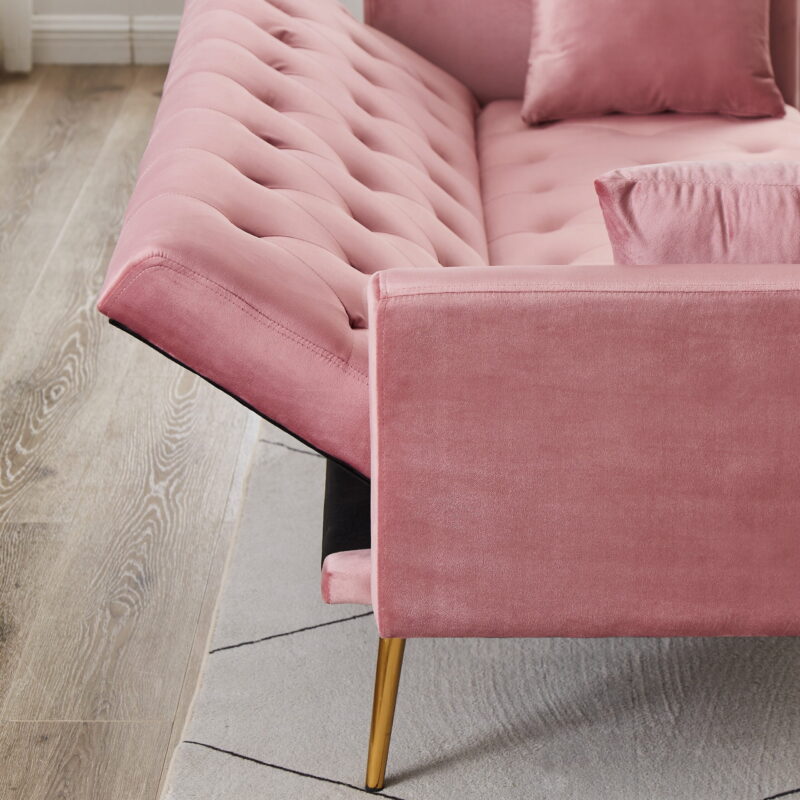 71 Inches Velvet Futon Sofa Bed with 2 Pillows,Modern Convertible Futon Couch with Adjustable Backrest,Pink - Image 3