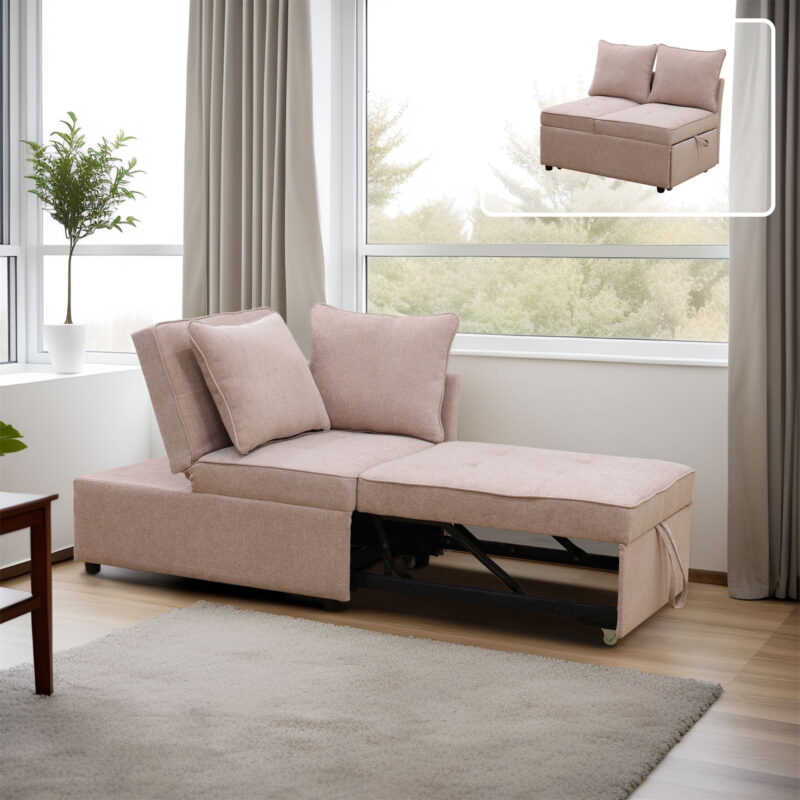 Aukfa 71" Convertible Chaise Futon Pull Out Sofa Chair Bed, Adjustable Backrest, 2 Pillows, Linen, Pink - Image 2