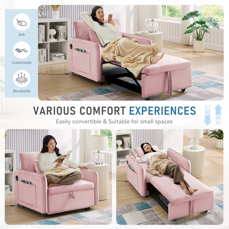 Dinosisco 3-in-1 Convertible Sleeper Chair Bed, Indoor Lounge Chair with USB/Type-C, Pink Velvet - Image 5
