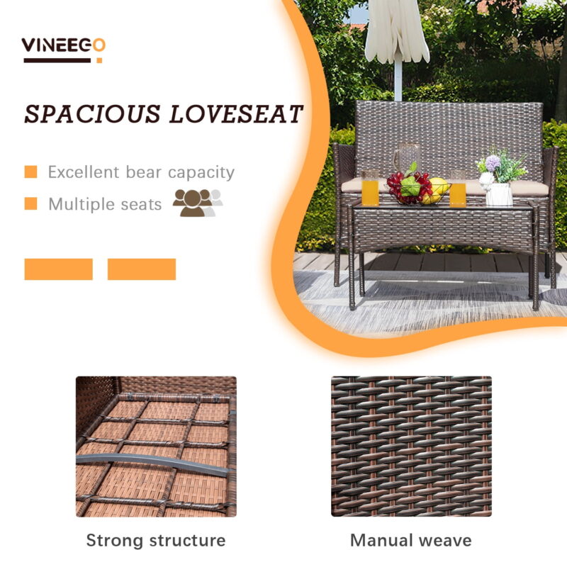 Vineego 4 Pieces Outdoor Patio Furniture Sets Conversation Sets Rattan Chair Wicker Sets with Cushioned Tempered Glass - Image 4