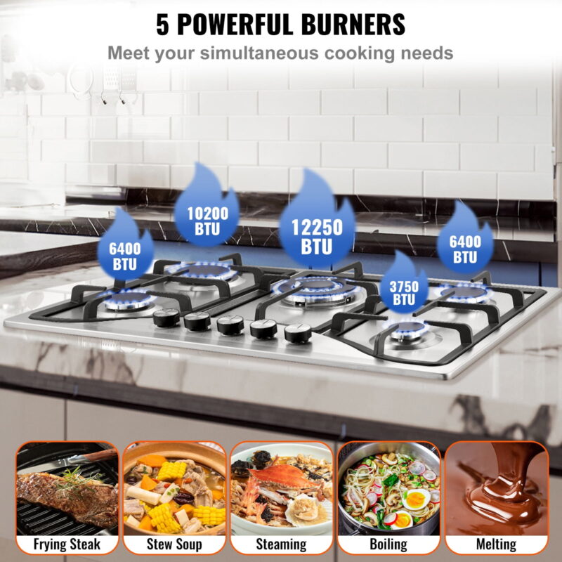 KFFKFF Gas Cooktop Stove Top 30 inch Max 12250BTU 5 Burners Built-in LPG/NG Convertible - Image 3