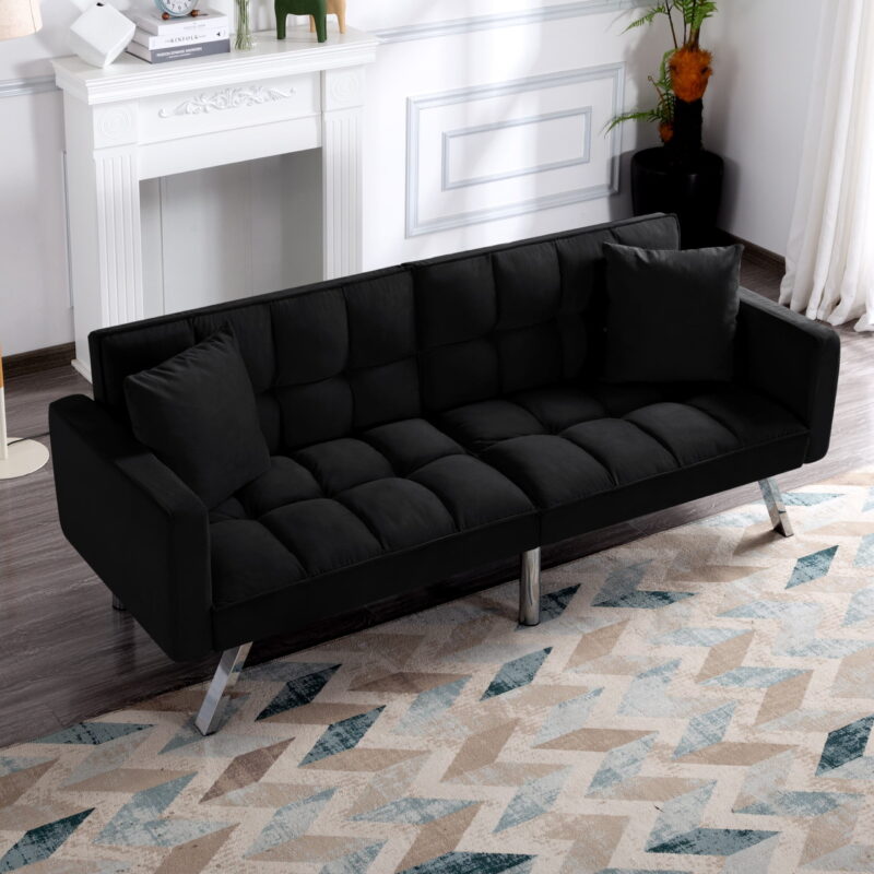 BSHTI Modern Velvet Futon Sofa Bed,Upholstered Tufted Convertible Sofa Sleeper with 2 Pillow(Black) - Image 6