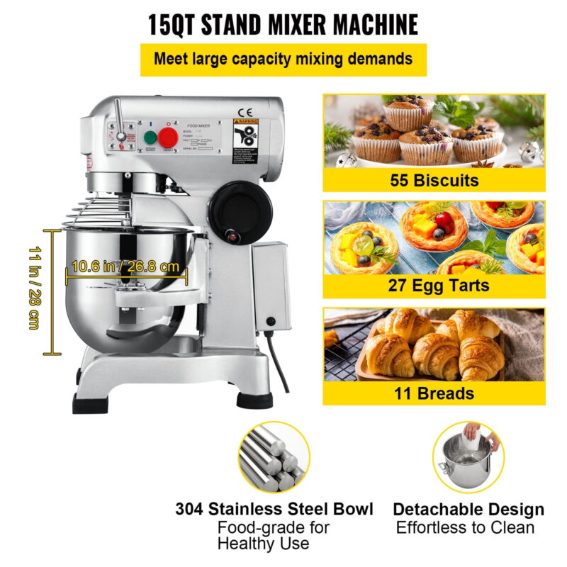 BENTISM Commercial 15 qt Stand Mixer, Silver with Flat Beater, Dough Hook, Wire Whip - Image 5