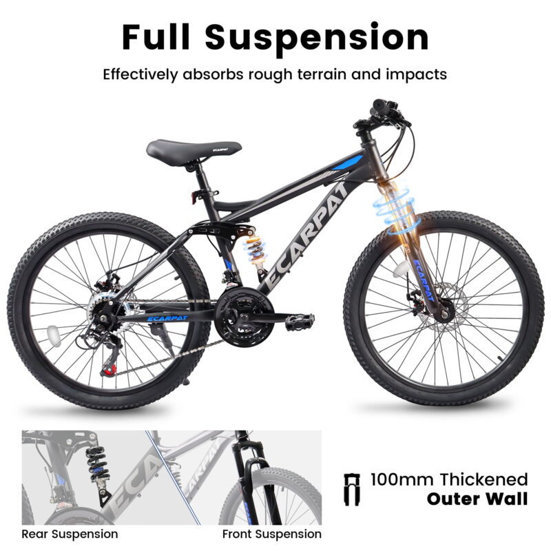 Aukfa 24"Mountain Bike for Mens Women, 21-Speed Full Suspension, Front Fork+Shock Absorber, Black - Image 4