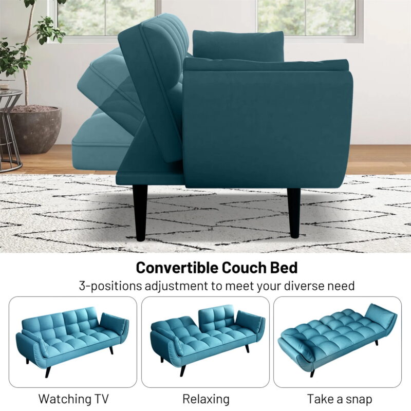 Aukfa 75" Deep Tufted Futon Convertible Sofa Bed, Velvet Sleeper Couch for Home Office, Blue - Image 6
