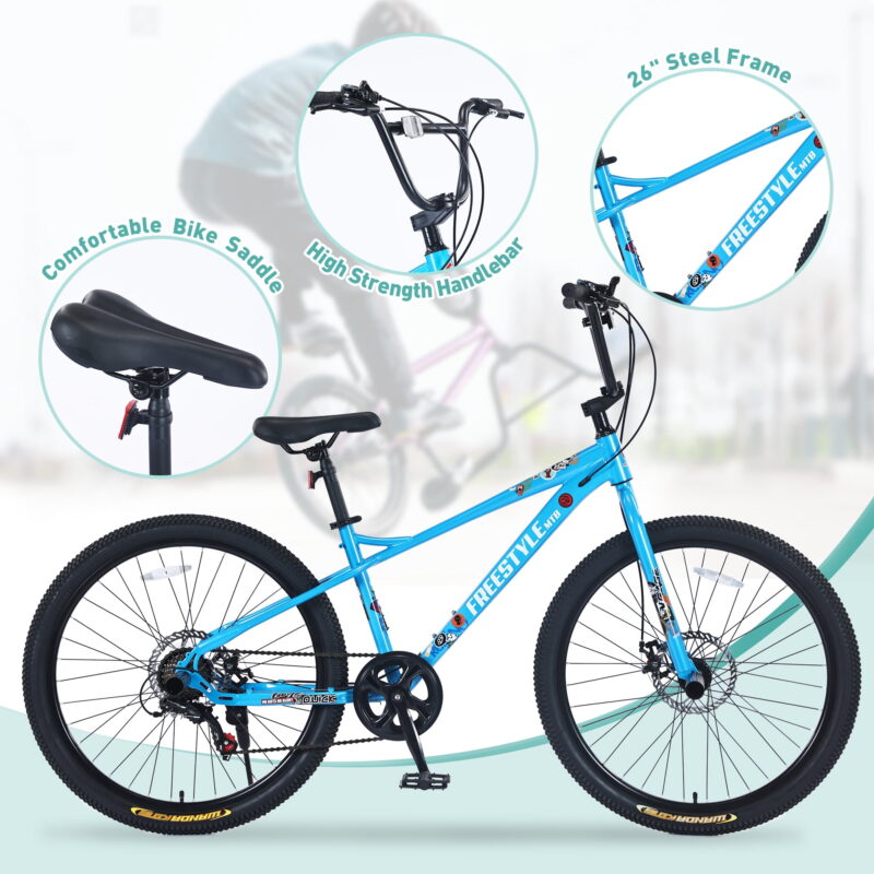 Aukfa 26" Freestyle BMX Bikes,Kids Mountain Bike for Boys Girls,Shimano 7 Speed,Double Disc Brakes,Blue - Image 6