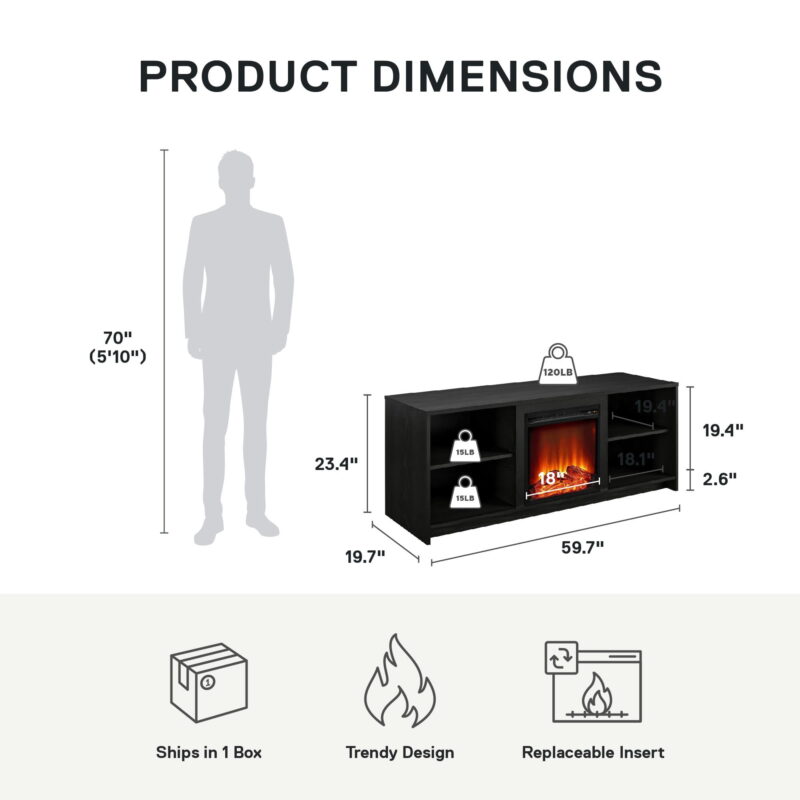 Mainstays Fireplace TV Stand for TVs up to 65", Black Oak - Image 5
