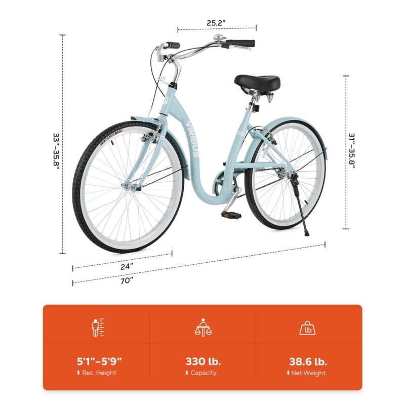 VIRIBUS Beach Cruiser Bike 24" City Commute Bike with Single Speed Dusty Blue - Image 7