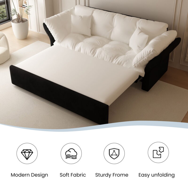 Aukfa 74.8" Queen Pull Out Sofa Bed, Convertible Loveseat Sleeper Sofa Couch with 2 Pillows, Tufted, Beige - Image 6