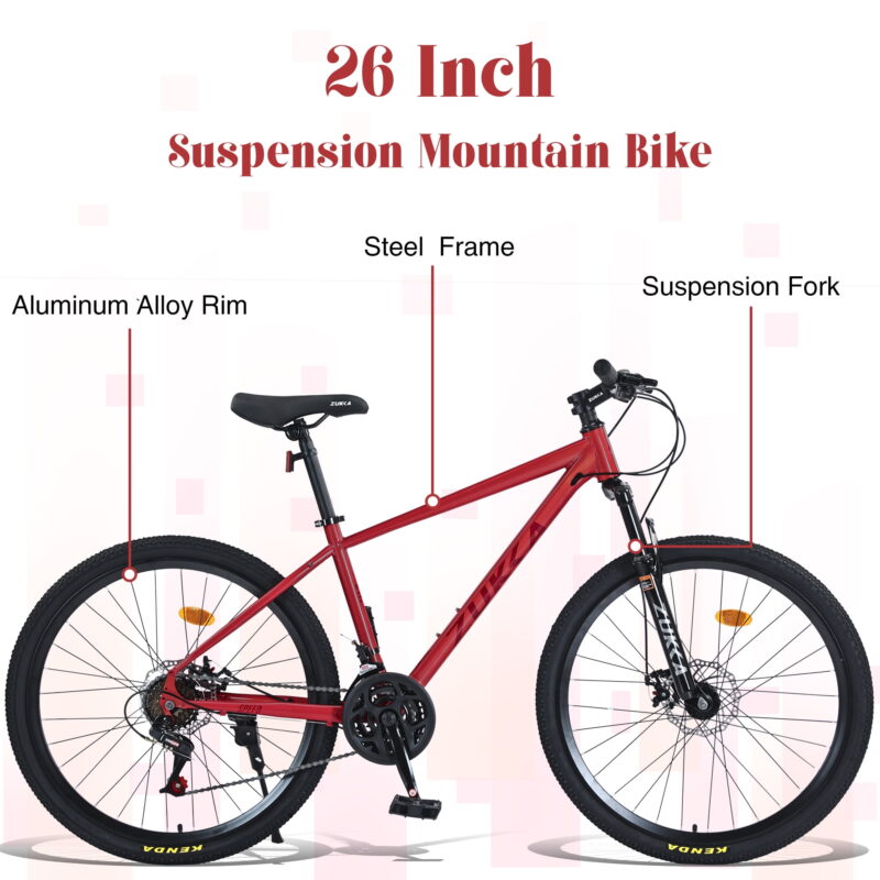 Aukfa 26" Mountain Bike for Men/Women,24 Speed Adult Bicycle Suspension Fork,Fits Riders 5'4" - 6'2"Red - Image 4