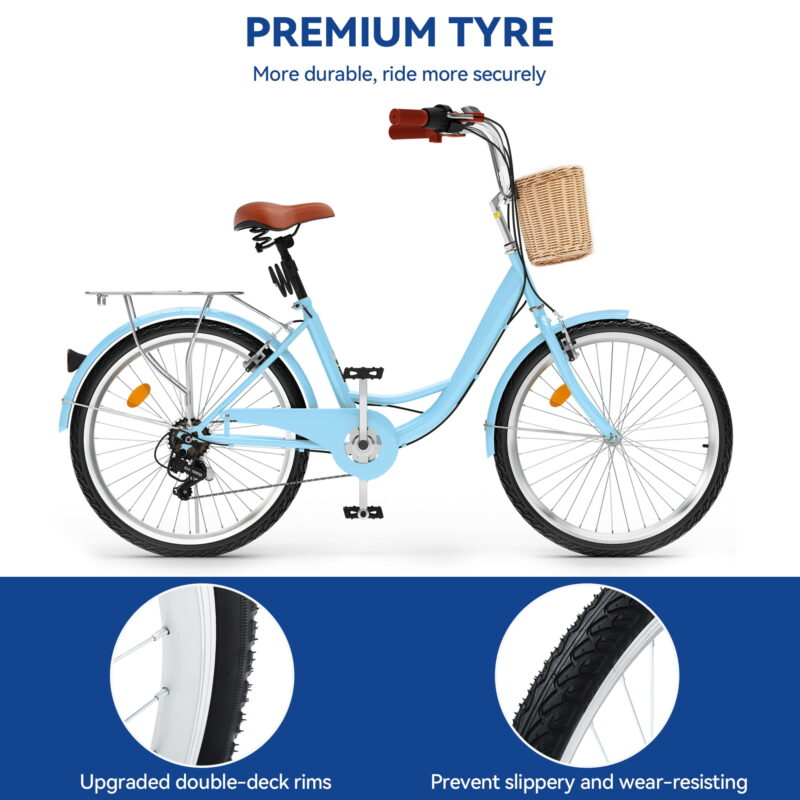 Uforic 24" Beach Cruiser Bike for Adults  – 7-Speed, Adjustable Seat in Light Blue - Image 6