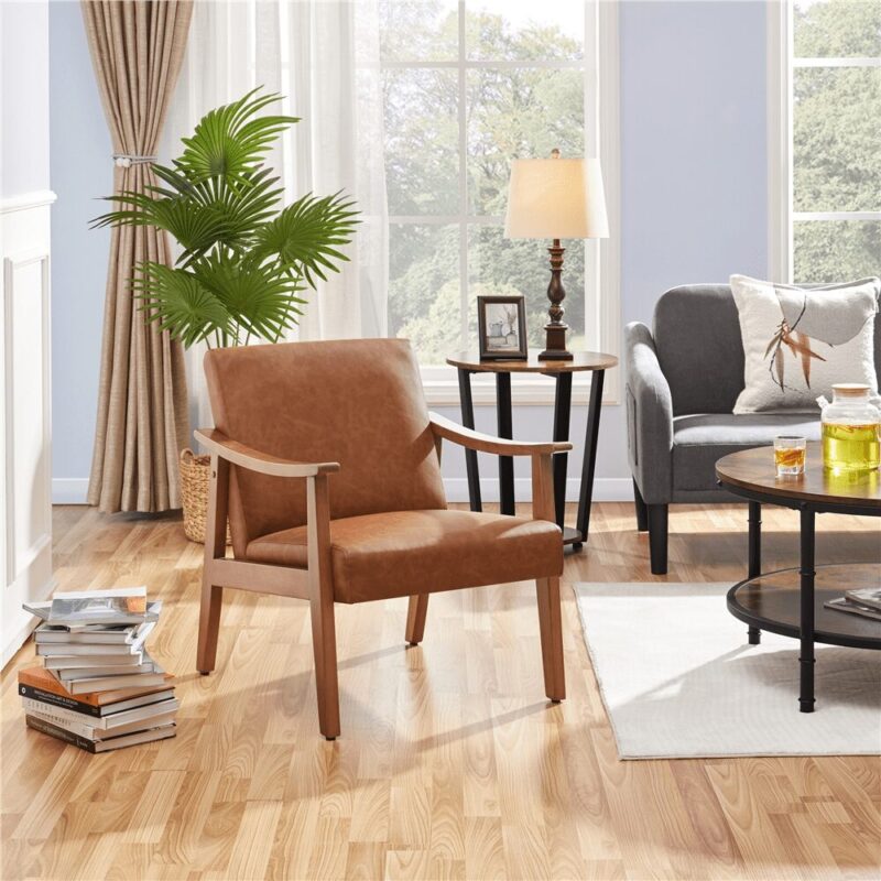 Renwick Mid-Century Modern Faux Leather Accent Chair, Set of 2, Light Brown - Image 7