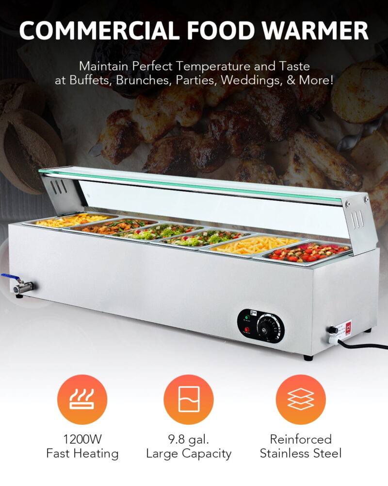 Wilprep Commercial Food Warmer w 6 Stainless Steel Pans Lids Glass Shelf Buffet Server - Image 7