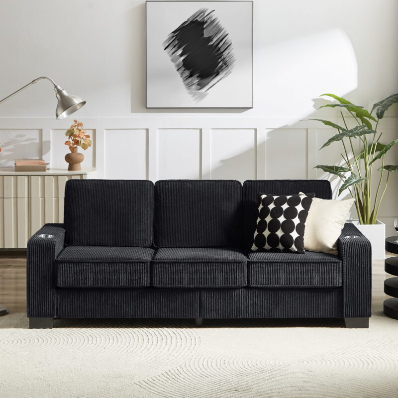 Dinosisco 83.9" Corduroy Sofa with Cup Holders, Modern 3-Seater Couch for Living Room, Black - Image 4