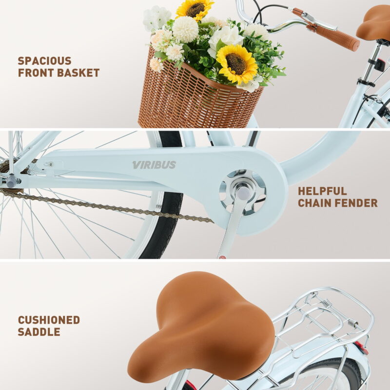 Viribus 24" City Cruiser Bicycle for Women,with Carbon Steel Frame Dual V Brakes Basket for Women Adults,Mint - Image 4