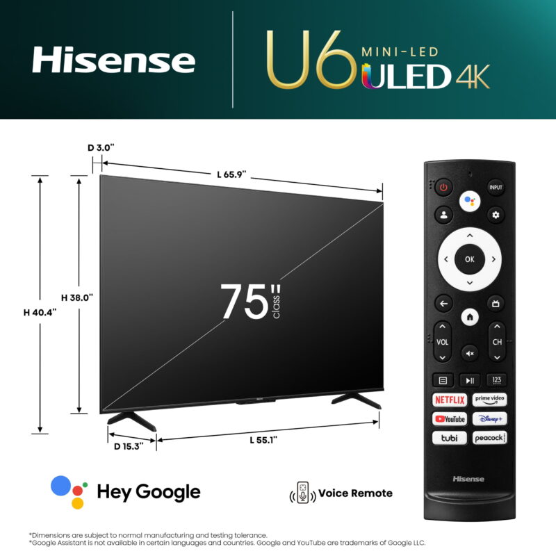 Hisense 75-Inch Class U6 Series Mini-LED QLED Google Smart TV (75U6K) - QLED, 600-Nit, Dolby Vision IQ & Dolby Atmos, Full Array Local Dimming - Image 3