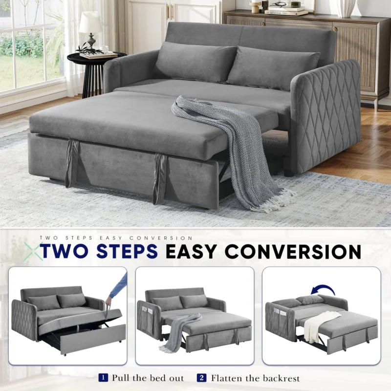 Lunale Convertible Futon Sofa Bed for Living Room, Modern Upholstered Loveseat Sleeper in Gray - Image 5
