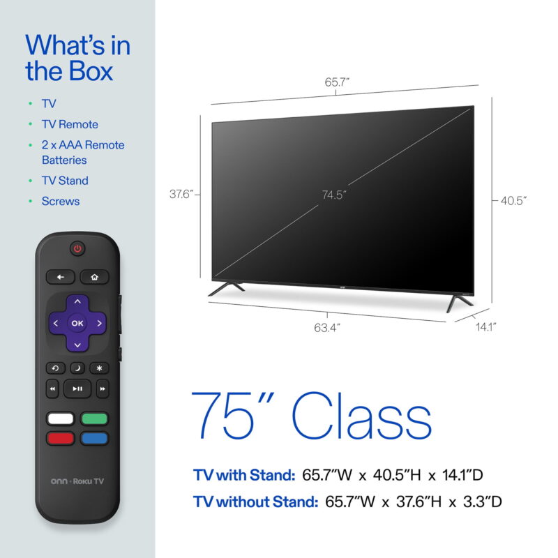 onn 75” Class 4K UHD (2160P) LED Roku Smart Television (100044717) - Image 5