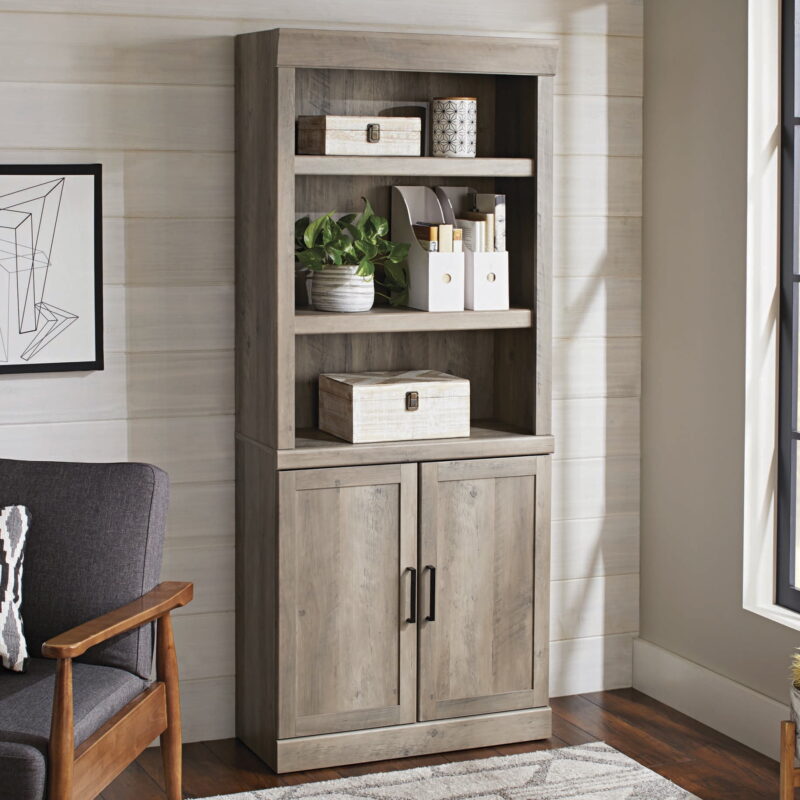 Better Homes & Gardens Glendale 5 Shelf Bookcase with Doors, Rustic Gray Finish - Image 4