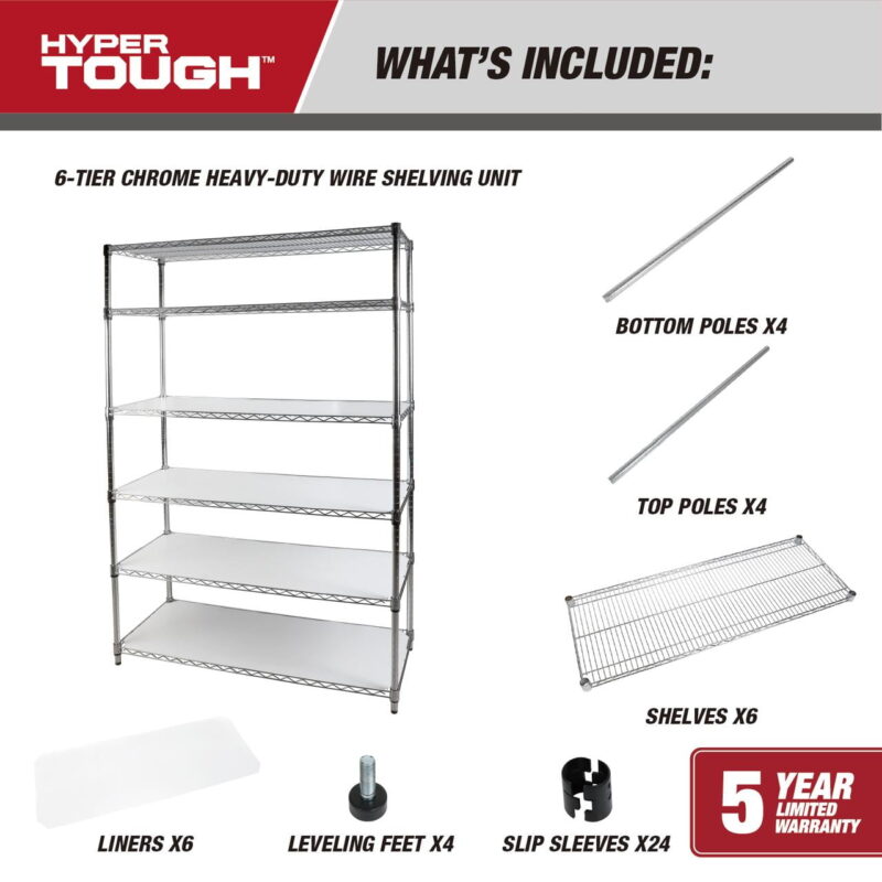 Hyper Tough 6-Tier Wire Storage Shelves with Liners, 48" W x 18" D x 72" H, 3600 lb Load Capacity, Chrome - Image 7