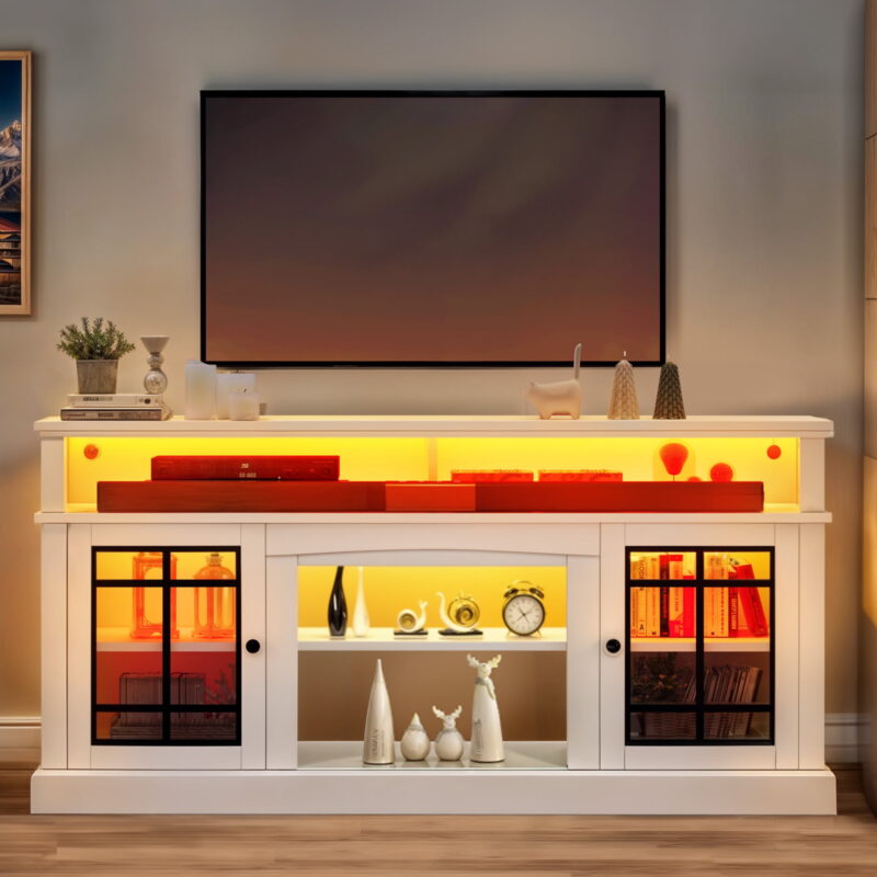 Dextrus Farmhouse LED TV Stand for TVs up to 70", Wood Media Console, Glass Door - Image 3