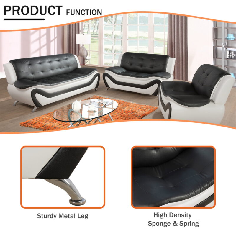 Aukfa 3 Piece Sofa Set - 76.5" Upholstered 3 Seat Sofa Couch for Living Room, Leather, Black&White - Image 2