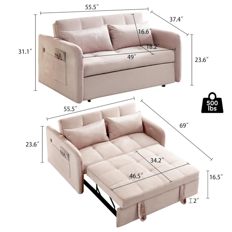 DEALTOPS 55'' Velvet Sleeper Sofa Bed,Pull-Out Loveseat with USB Ports, Pink, Full Size - Image 5