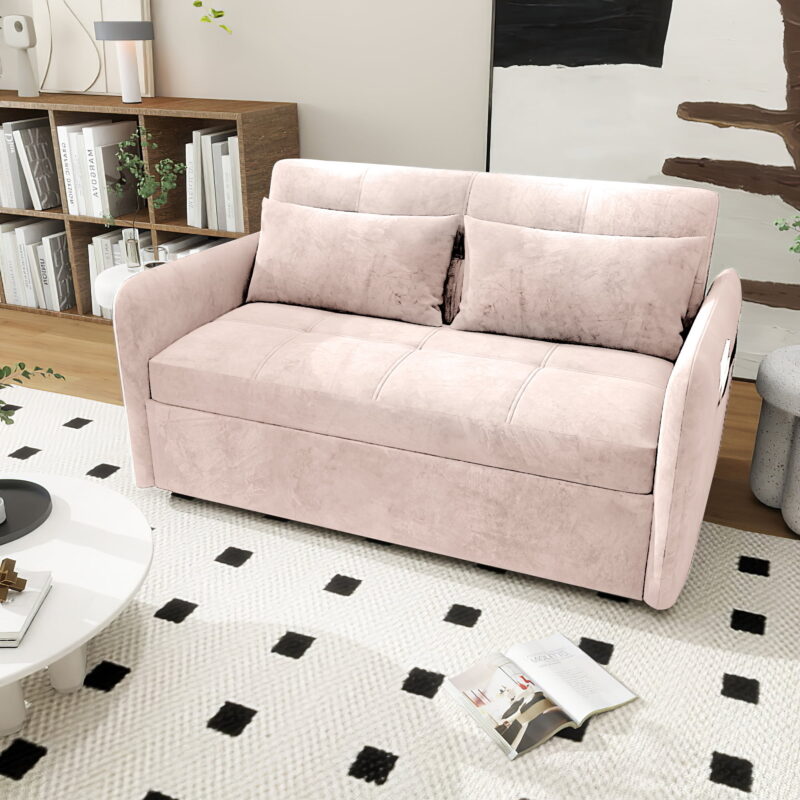DEALTOPS 55'' Velvet Sleeper Sofa Bed,Pull-Out Loveseat with USB Ports, Pink, Full Size - Image 2
