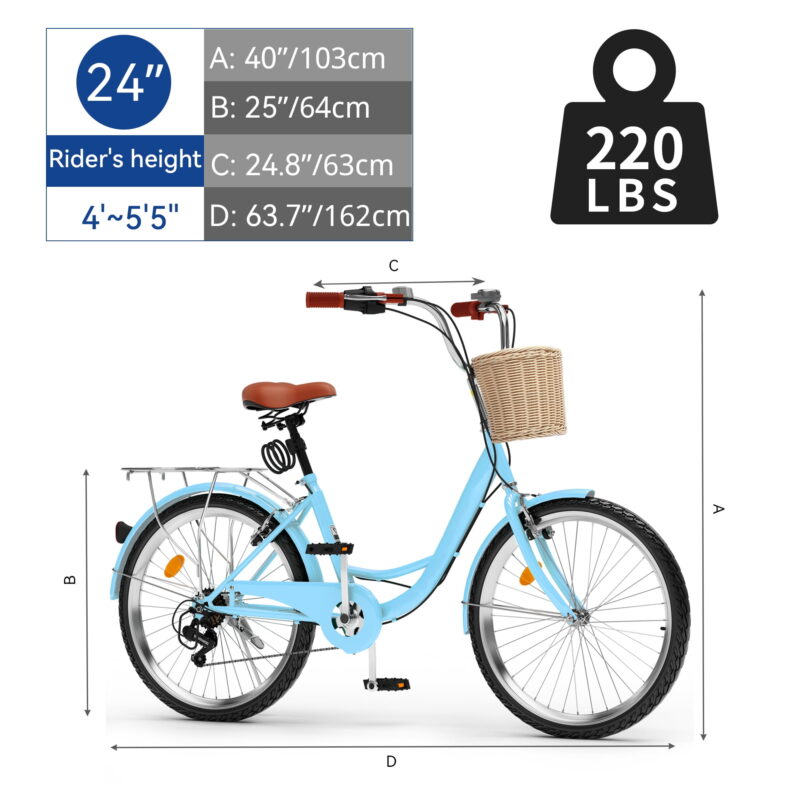 Uforic 24" Beach Cruiser Bike for Adults  – 7-Speed, Adjustable Seat in Light Blue - Image 3