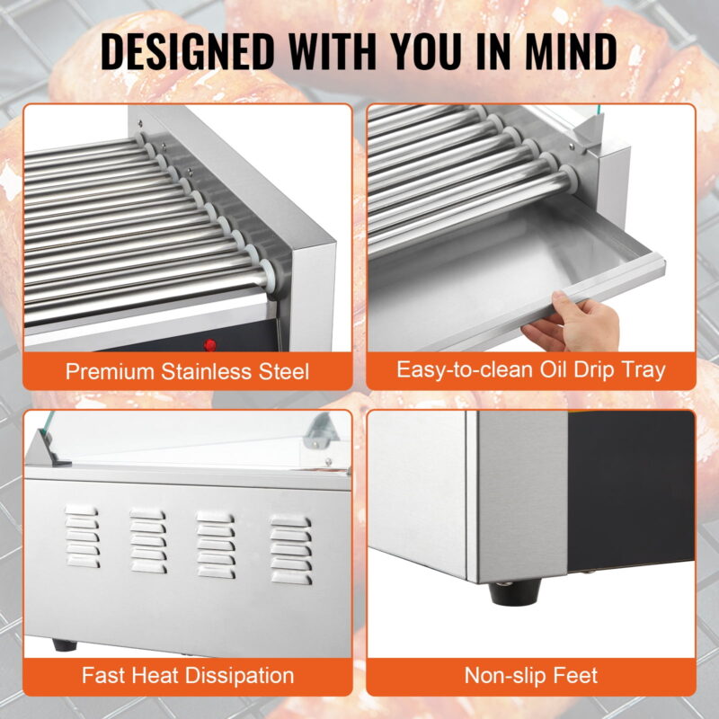 KFFKFF Backsplash Shelf 1650W Electric 30 Hot Dog 11 Roller Grill Cooker Machine - Image 6