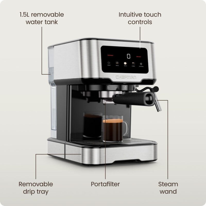 Chefman CraftBrew Espresso Machine w/ Steam Wand and Touch Controls – Stainless Steel - Image 3