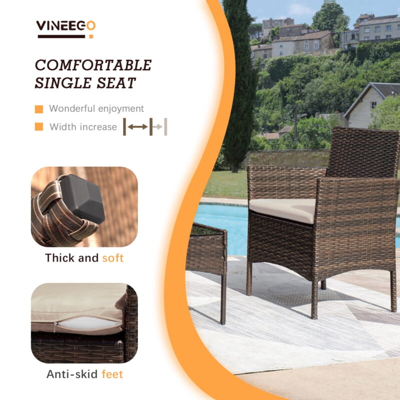 Vineego 4 Pieces Outdoor Patio Furniture Sets Conversation Sets Rattan Chair Wicker Sets with Cushioned Tempered Glass - Image 6