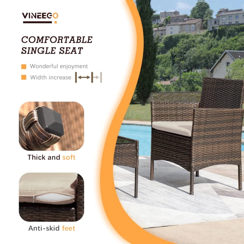 Vineego 4 Pieces Outdoor Patio Furniture Sets Conversation Sets Rattan Chair Wicker Sets with Cushioned Tempered Glass - Image 6