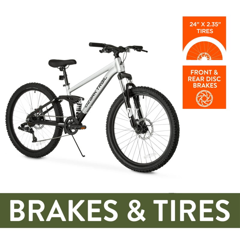 24" Ozark Trail FS.1 Epictrail Full Suspension Mountain Bike, For Teens and Adults, Heights between 4'6"-5'6", Silver - Image 3