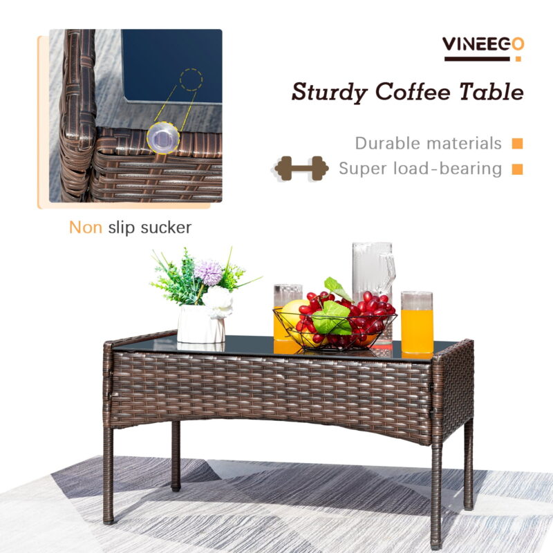 Vineego 4 Pieces Outdoor Patio Furniture Sets Conversation Sets Rattan Chair Wicker Sets with Cushioned Tempered Glass - Image 7