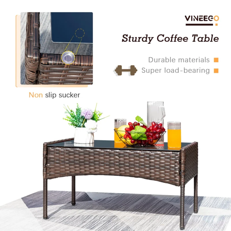 Vineego 4 Pieces Outdoor Patio Furniture Sets Conversation Sets Rattan Chair Wicker Sets with Cushioned Tempered Glass - Image 7
