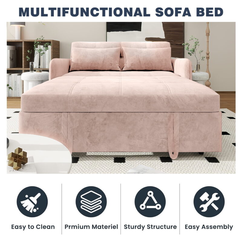 DEALTOPS 55'' Velvet Sleeper Sofa Bed,Pull-Out Loveseat with USB Ports, Pink, Full Size - Image 3