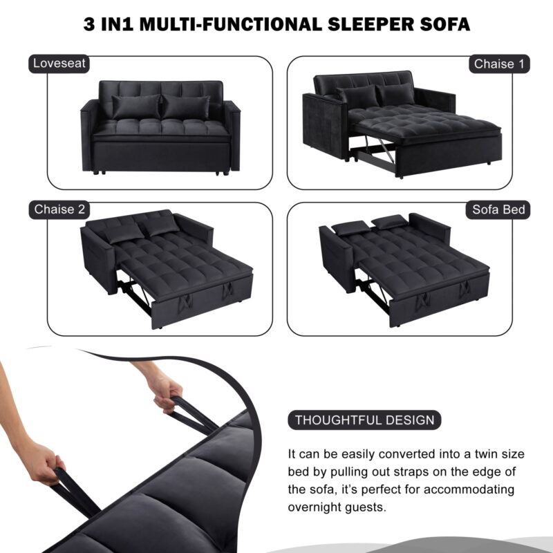 Gewnee 54" Modern Convertible Velvet Futon Sofa Bed with Pull-Out Bed,Sleeper Loveseat Sofa Couch with Adjsutable Backrest For Living Room,Office (Black) - Image 7