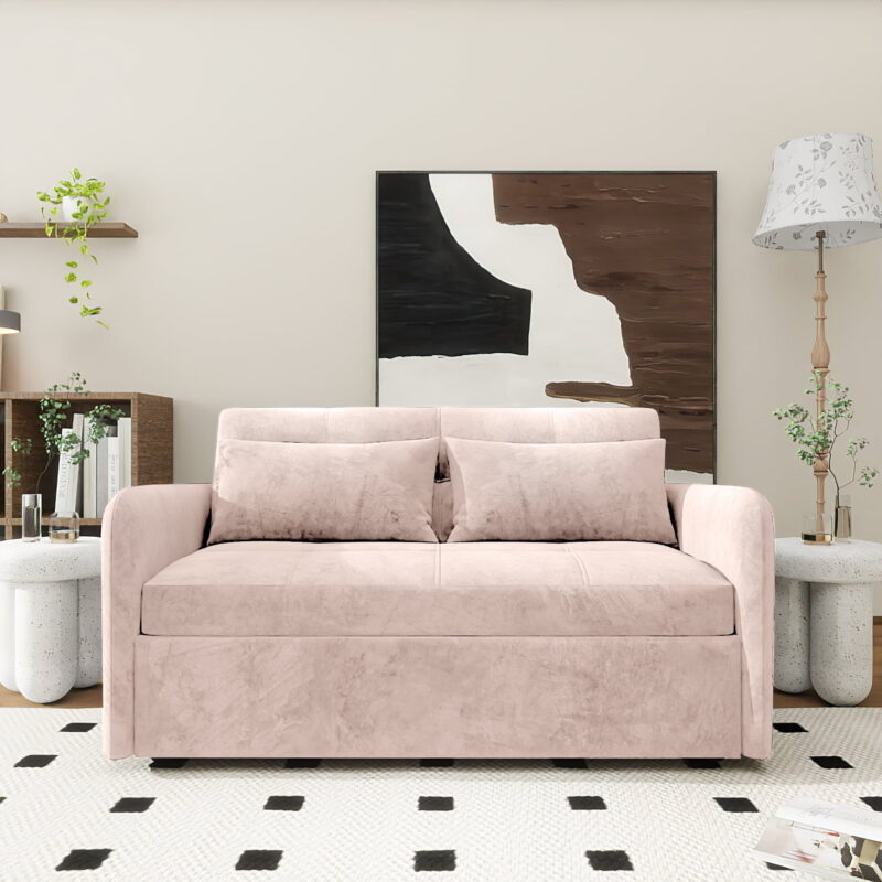 DEALTOPS 55'' Velvet Sleeper Sofa Bed,Pull-Out Loveseat with USB Ports, Pink, Full Size - Image 7